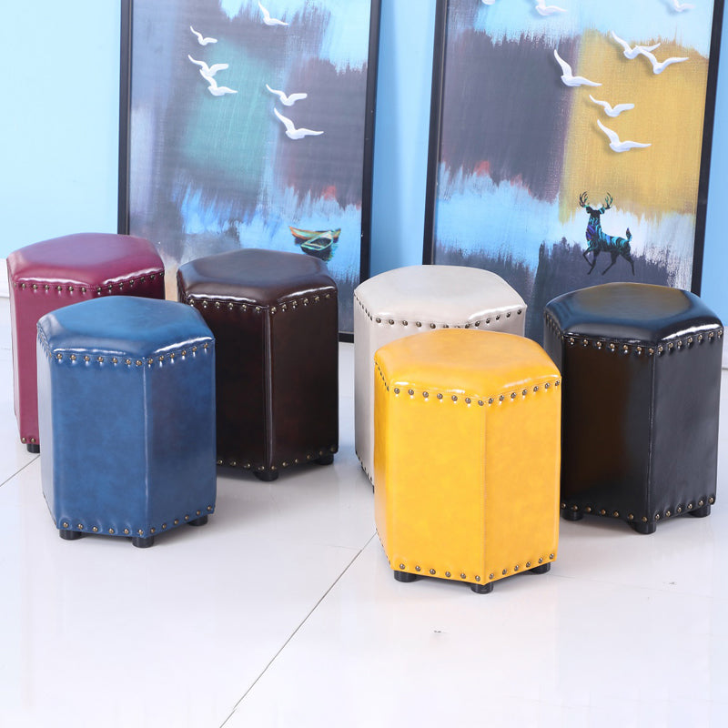 Modern Hexagon Pouf Ottoman Plain Leather Chair Ottoman With Nailhead Trim