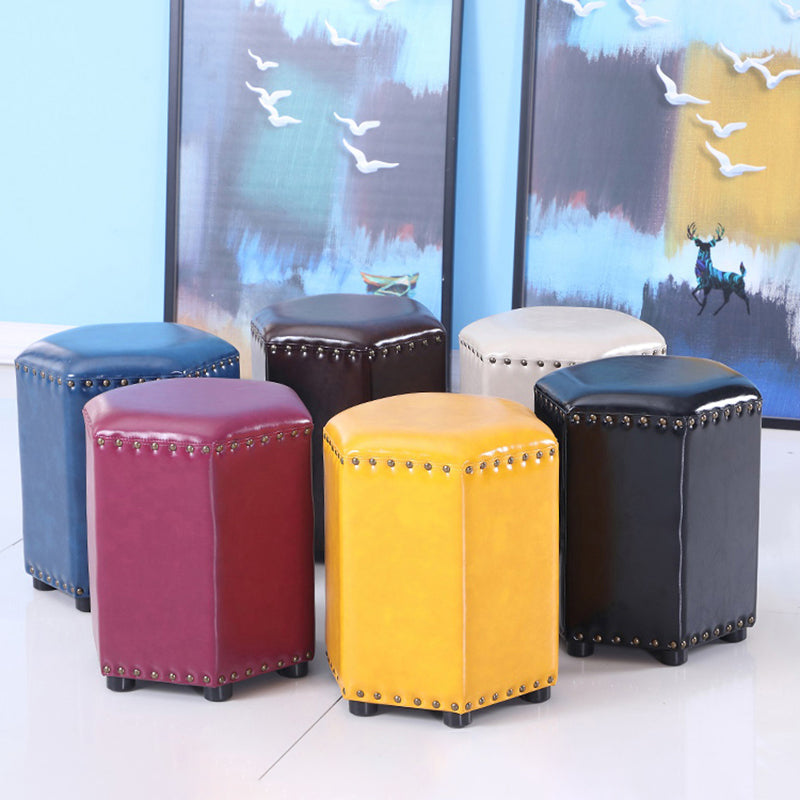 Modern Hexagon Pouf Ottoman Plain Leather Chair Ottoman With Nailhead Trim