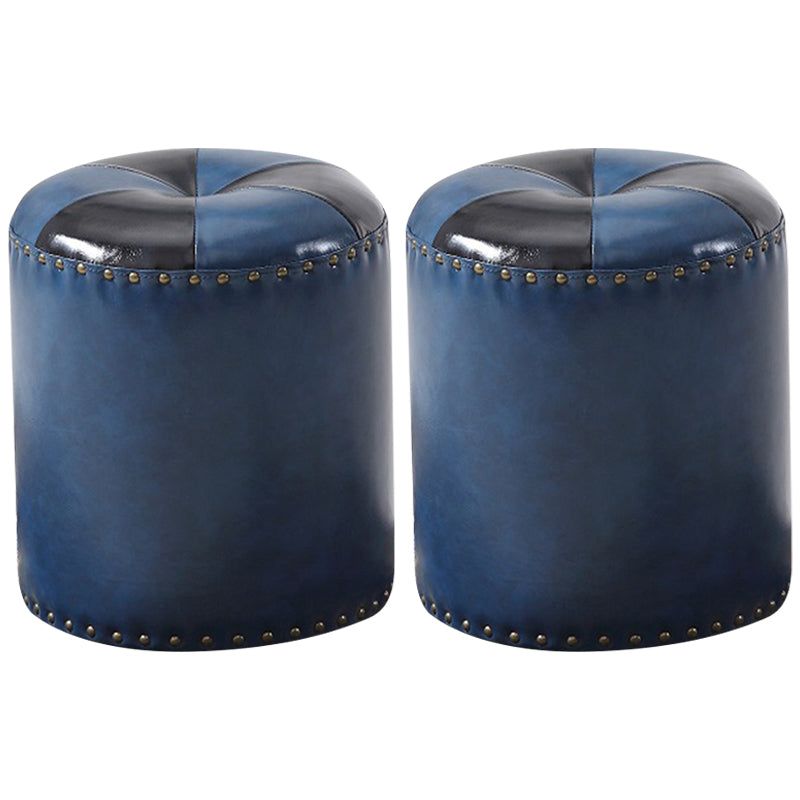 Modern Round Ottoman Color Block Leather Round Ottoman With Nailhead Trim