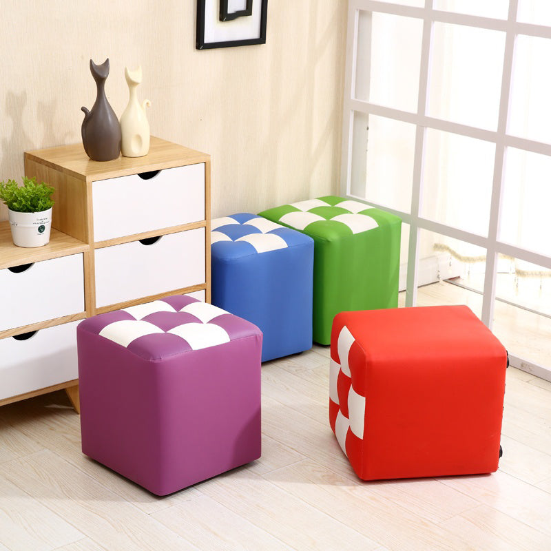 Ottoman Round Faux Leather Plaid Print Modern Tufted Tufted Ottoman