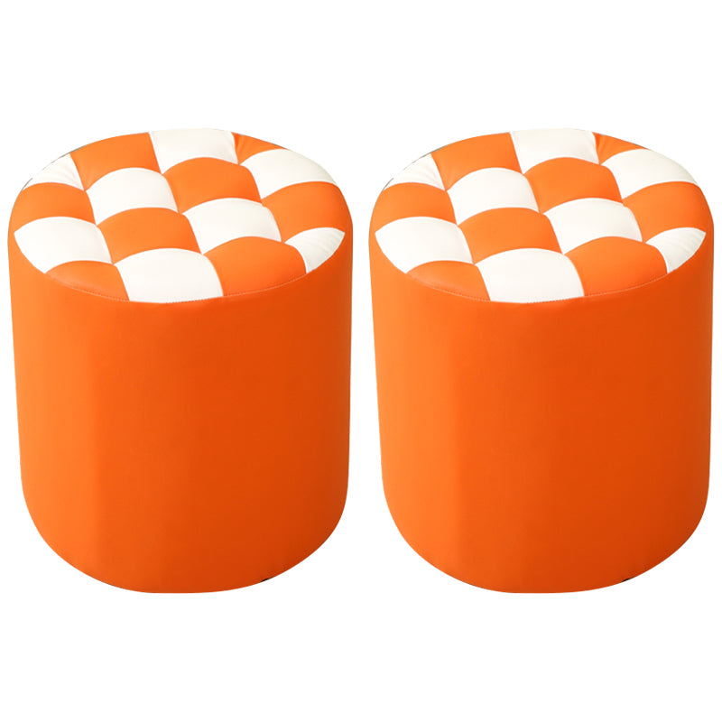 Ottoman Round Faux Leather Plaid Print Modern Tufted Tufted Ottoman