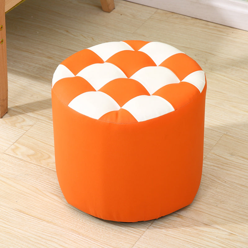 Ottoman Round Faux Leather Plaid Print Modern Tufted Tufted Ottoman