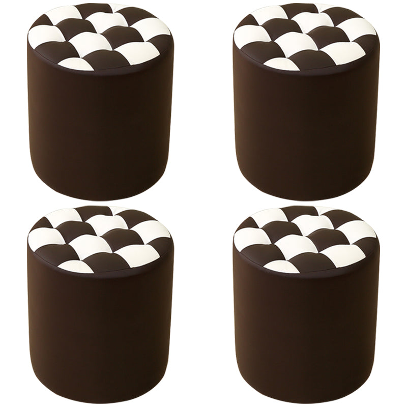 Ottoman Round Faux Leather Plaid Print Modern Tufted Tufted Ottoman