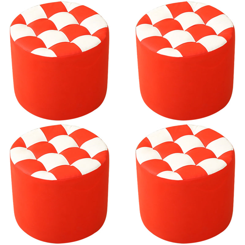 Ottoman Round Faux Leather Plaid Print Modern Tufted Tufted Ottoman