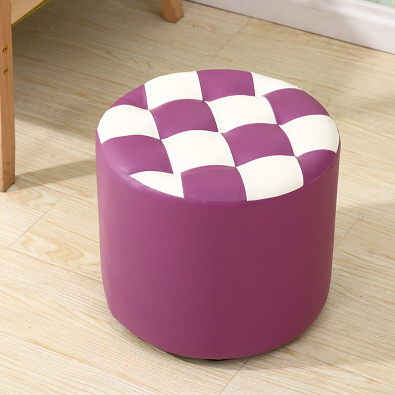 Ottoman Round Faux Leather Plaid Print Modern Tufted Tufted Ottoman