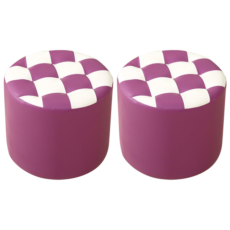 Ottoman Round Faux Leather Plaid Print Modern Tufted Tufted Ottoman