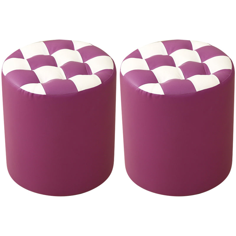 Ottoman Round Faux Leather Plaid Print Modern Tufted Tufted Ottoman