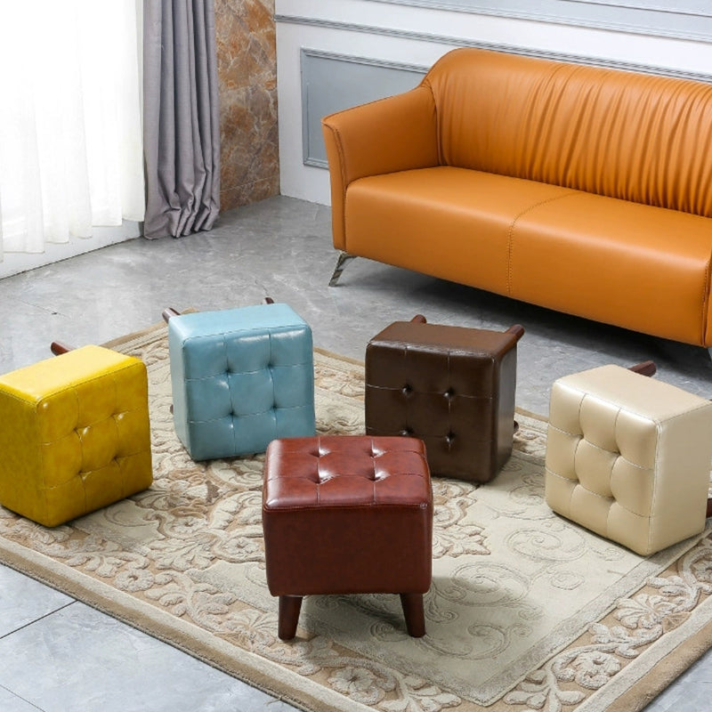 Pure Color Square Standard Modern Wine Red Leather Ottoman for Living Room