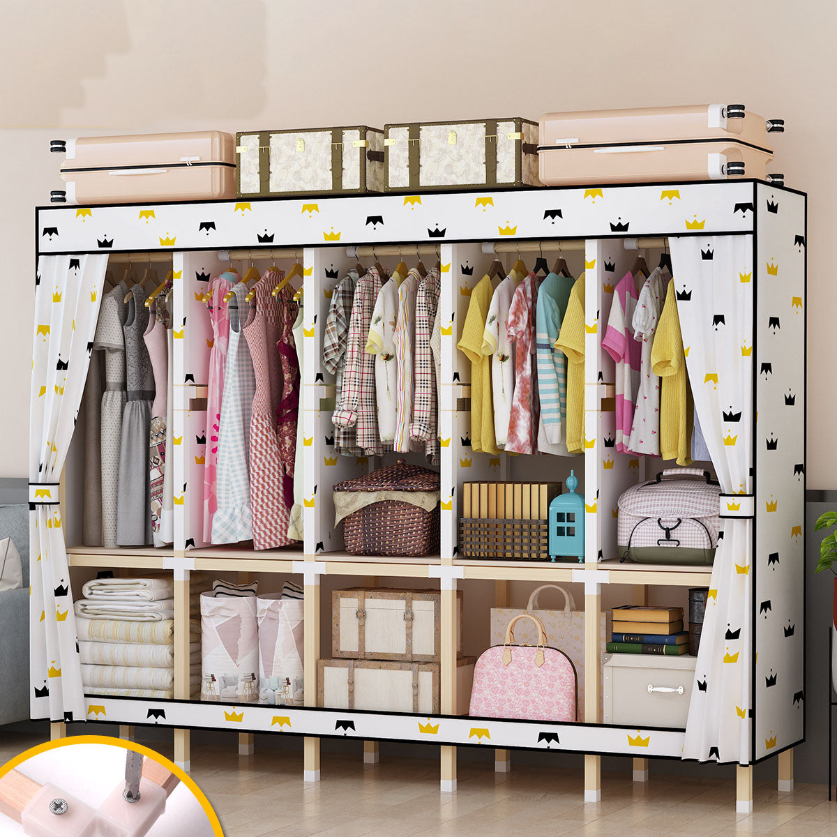 Contemporary Style Solid Wood Wardrobe 1-Drawer Wardrobe Closet for Home