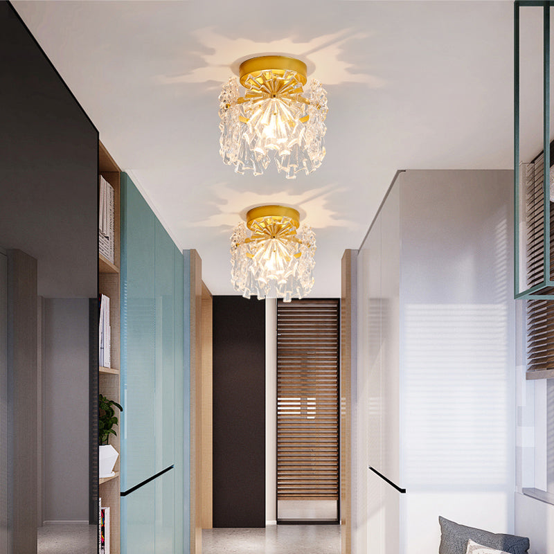 Modern Close to Ceiling Lighting Fixture Gold Cylinder Ceiling Light with Glass Shade