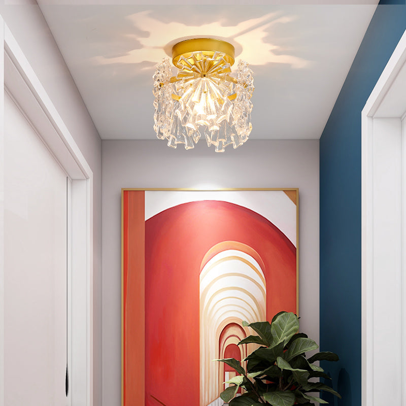 Modern Close to Ceiling Lighting Fixture Gold Cylinder Ceiling Light with Glass Shade