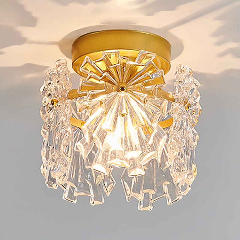 Modern Close to Ceiling Lighting Fixture Gold Cylinder Ceiling Light with Glass Shade