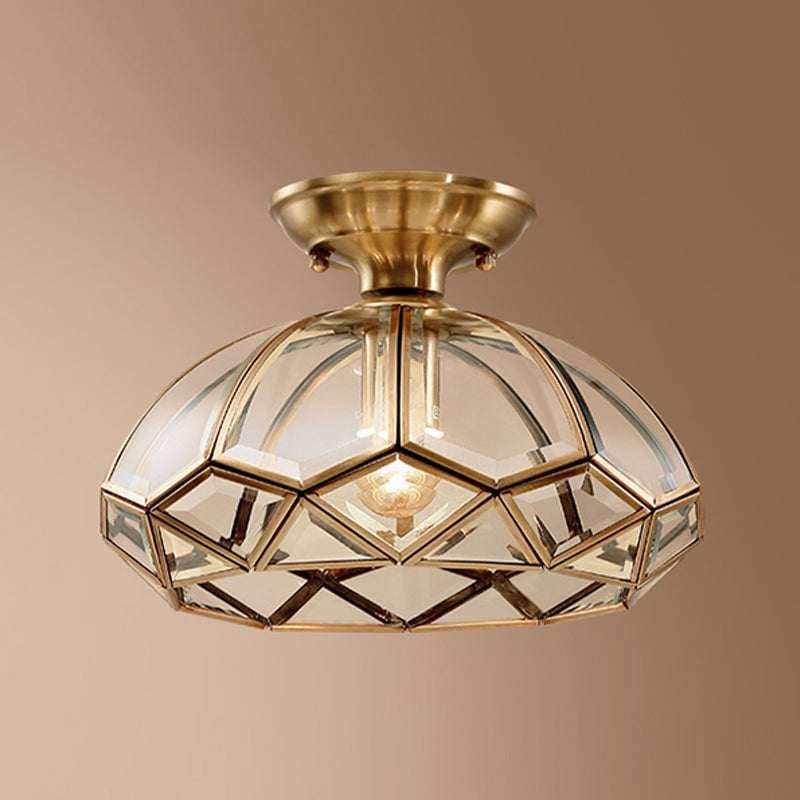 Shaded Aisle Semi Mount Lighting Vintage-Style Glass Brass Ceiling Mounted Light