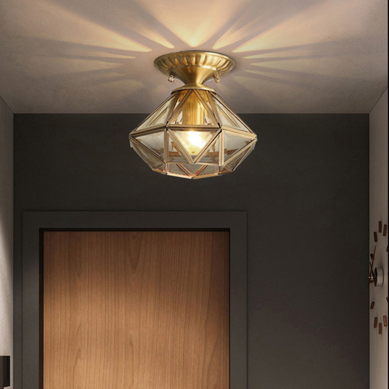 Vintage Prismatic Ceiling Flush Mount Glass Semi Flush Mount Light in Brass