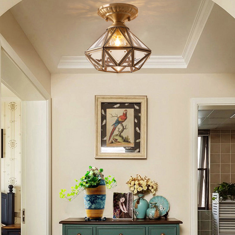 Vintage Prismatic Ceiling Flush Mount Glass Semi Flush Mount Light in Brass