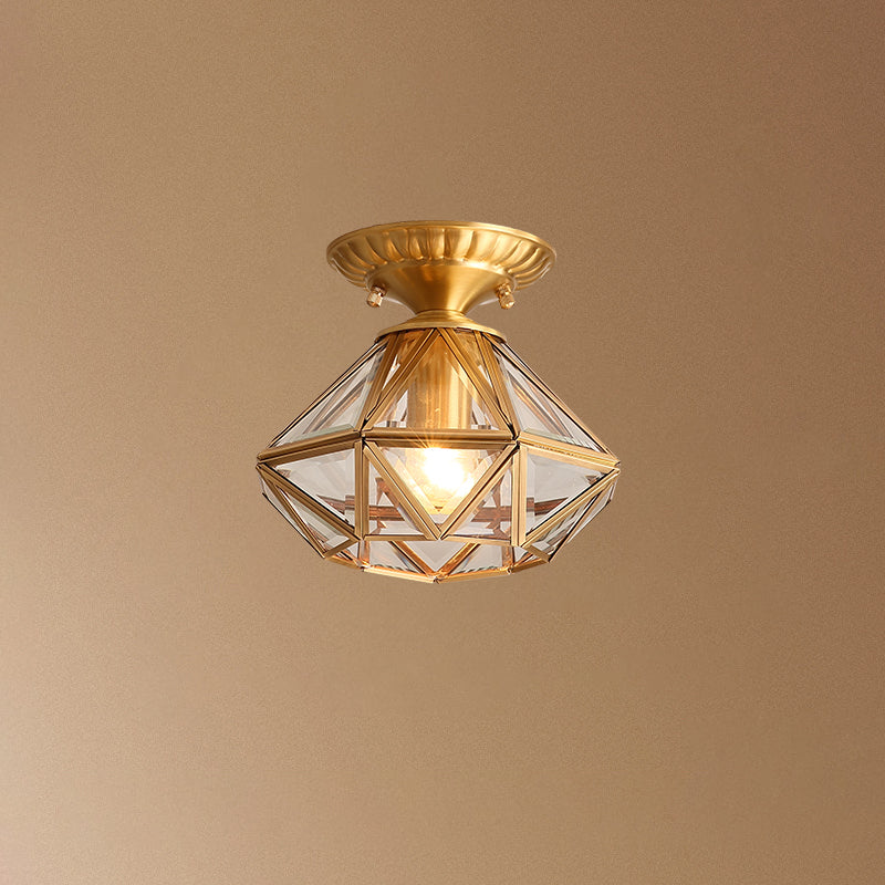 Vintage Prismatic Ceiling Flush Mount Glass Semi Flush Mount Light in Brass