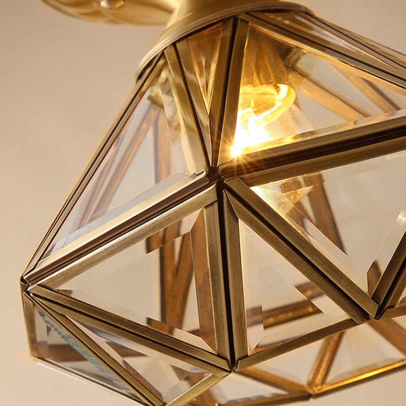 Vintage Prismatic Ceiling Flush Mount Glass Semi Flush Mount Light in Brass
