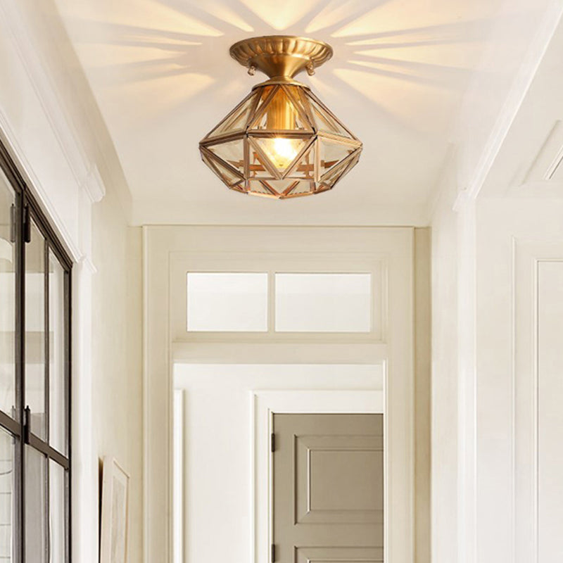 Vintage Prismatic Ceiling Flush Mount Glass Semi Flush Mount Light in Brass