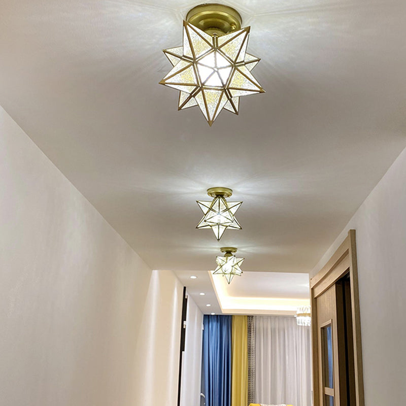 Glass Star Ceiling Mount Light Fixture Vintage Aisle Ceiling Lamp in Gold