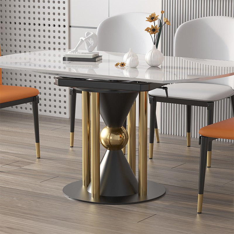 Round Dining Table with Leaf Extension Modern Stone White Top Pedestal Table