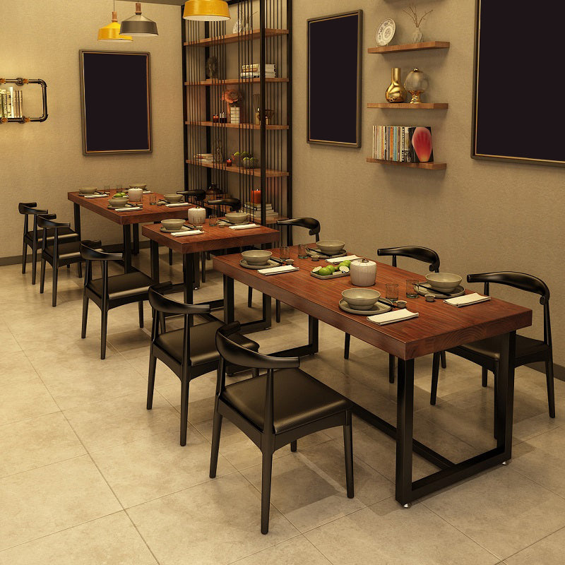 Rectangle Industrial Brown Dining Table Solid Wood and Metal Trestle Base Dining Table