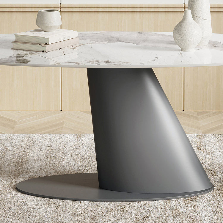Simplicity Oval Dining Table Sintered Stone Top Grey Pedestal Dining Table