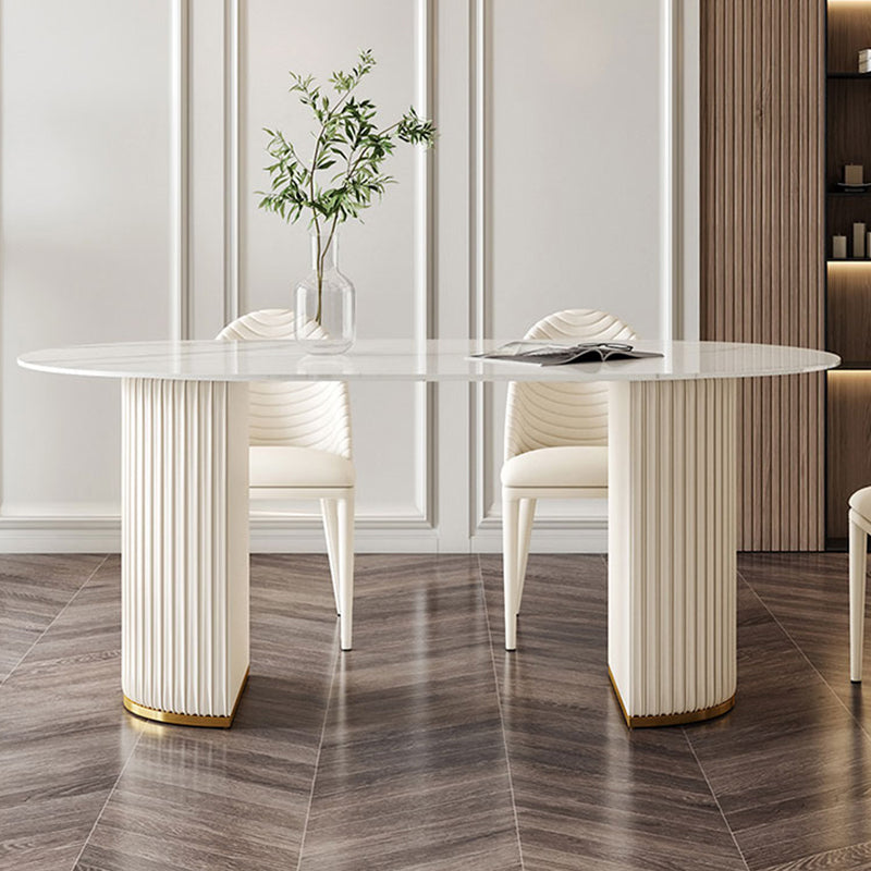 Contemporary Oval Dining Table Sintered Stone Top Double Pedestal Table