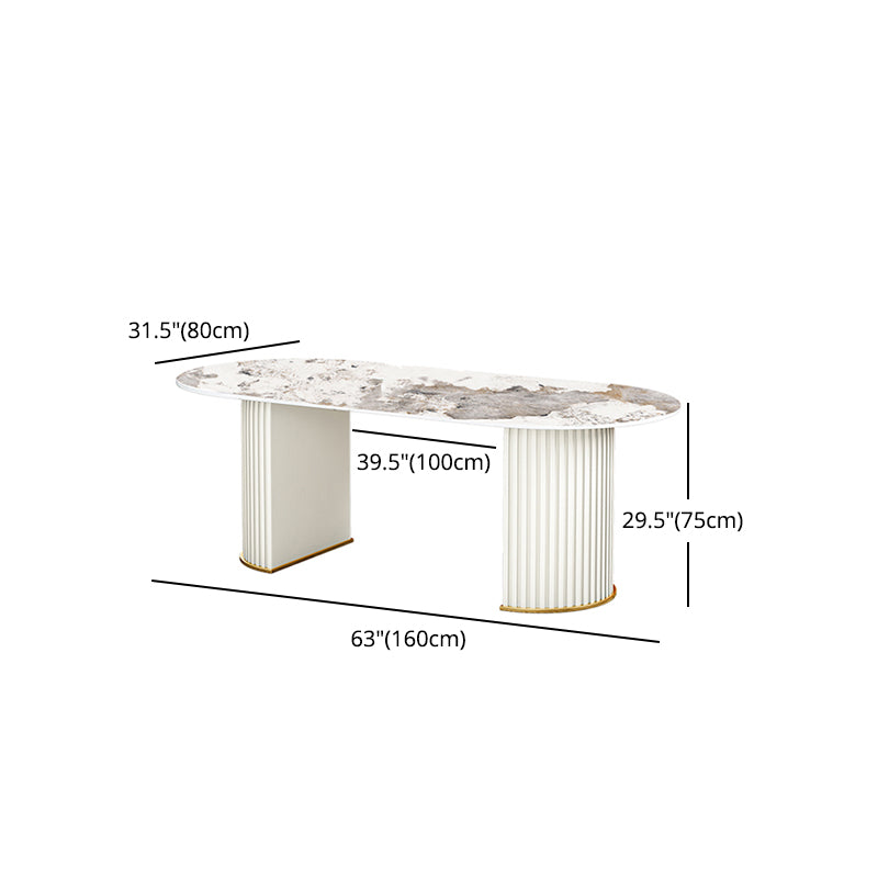 Contemporary Oval Dining Table Sintered Stone Top Double Pedestal Table
