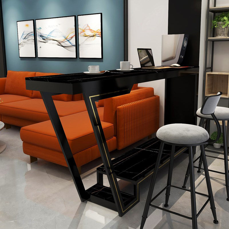 Polished Finish Stone Top Bistro Table Glam Pub Table with Metal Base