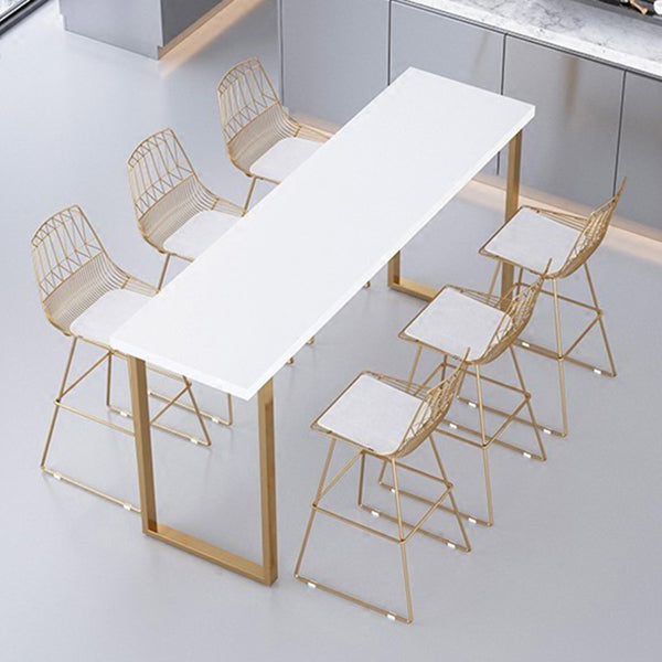 Glam Pub Table with Gold Metal Sled White Solid Wood Top Bar Table