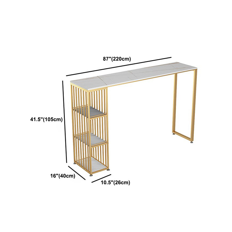 Glam Rectangle Pub Table for Living Room Glossy White Stone Top Bar Table with Storage