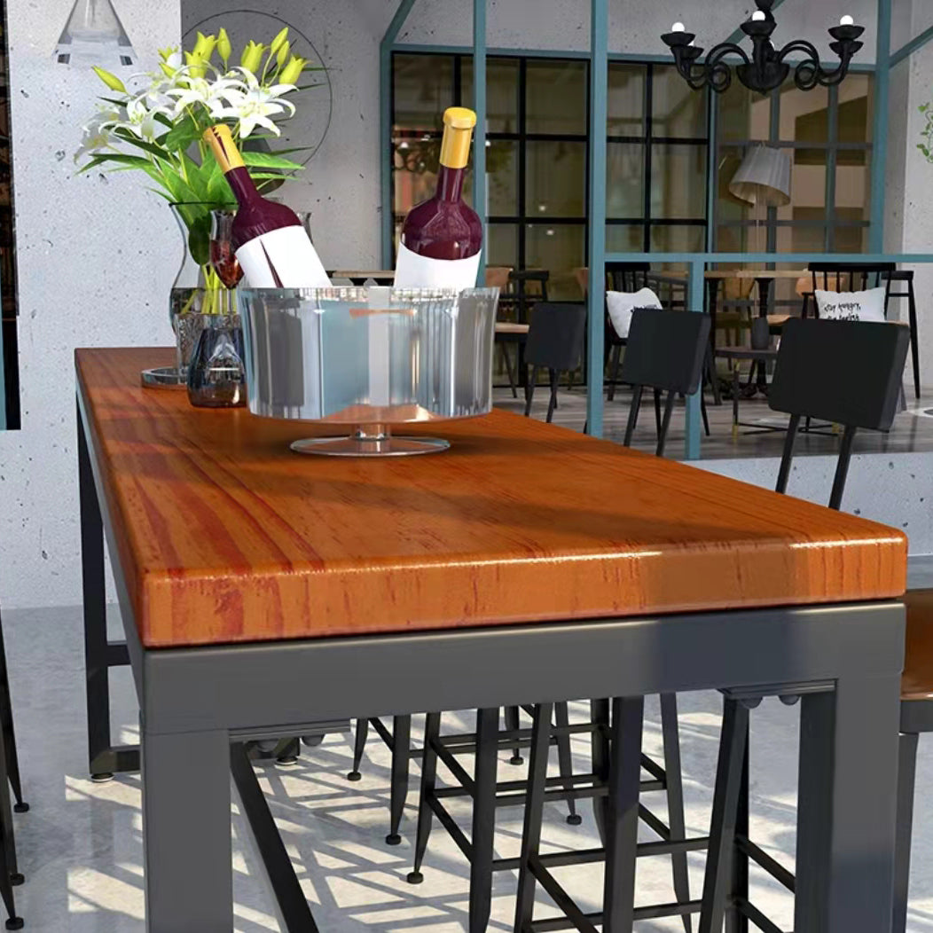 Industrial Metal Trestle Bistro Table Brown Solid Wood Top Bar Table