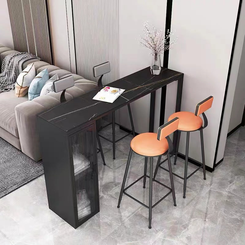 Modern Indoor Rectangle Bar Dining Table with Storage Stone Bar Height Cocktail Table