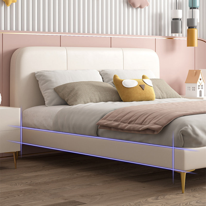 Glam Genuine Leather Bed Frame White Upholstered Low Profile Standard Bed