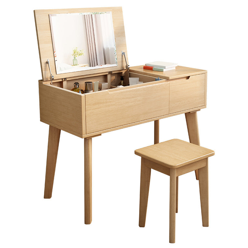Solid Wood Mirrored Vanity and Stool Scandinavian Dressing Table