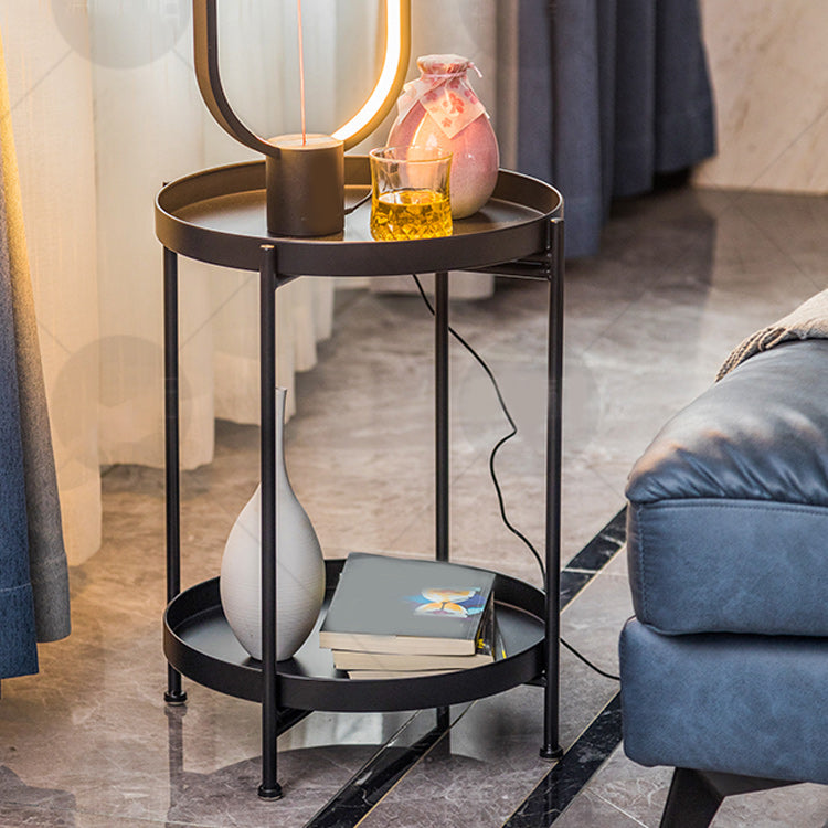 Mid-Century Round Tray Top Side Table Metal 4 Legs End Table with Shelf