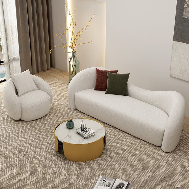 Curved Wool Sofa White Contemporary Sloped Armed Sofa - 33.46" D