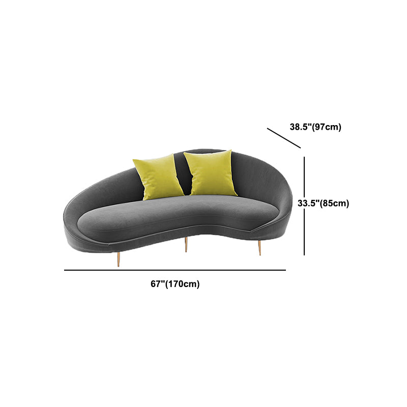 Velvet Modern Curved Sofa in Gray Sloped Arm Arm Seating with Pillows
