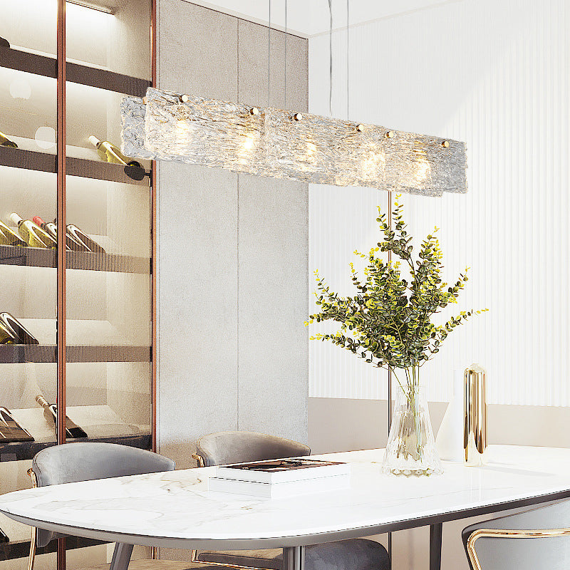 Rectangular Dining Room Hanging Lamp Rippled Glass 5-Light Minimalist Island Light