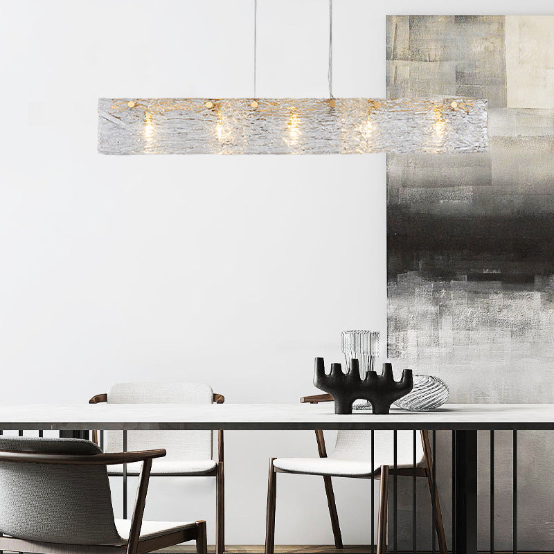 Rectangular Dining Room Hanging Lamp Rippled Glass 5-Light Minimalist Island Light
