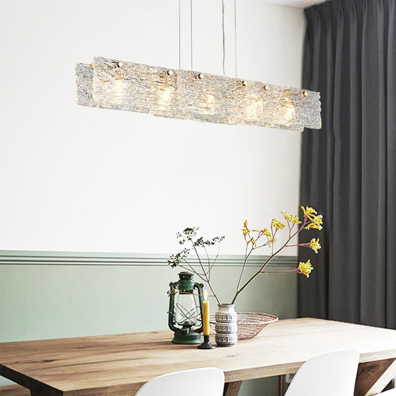 Rectangular Dining Room Hanging Lamp Rippled Glass 5-Light Minimalist Island Light