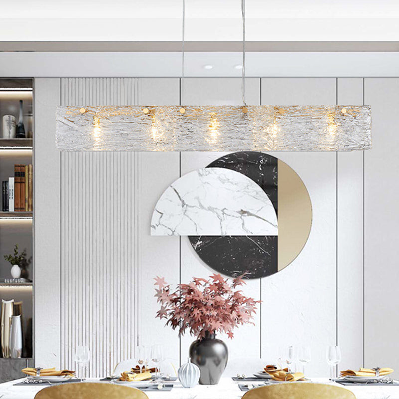 Rectangular Dining Room Hanging Lamp Rippled Glass 5-Light Minimalist Island Light