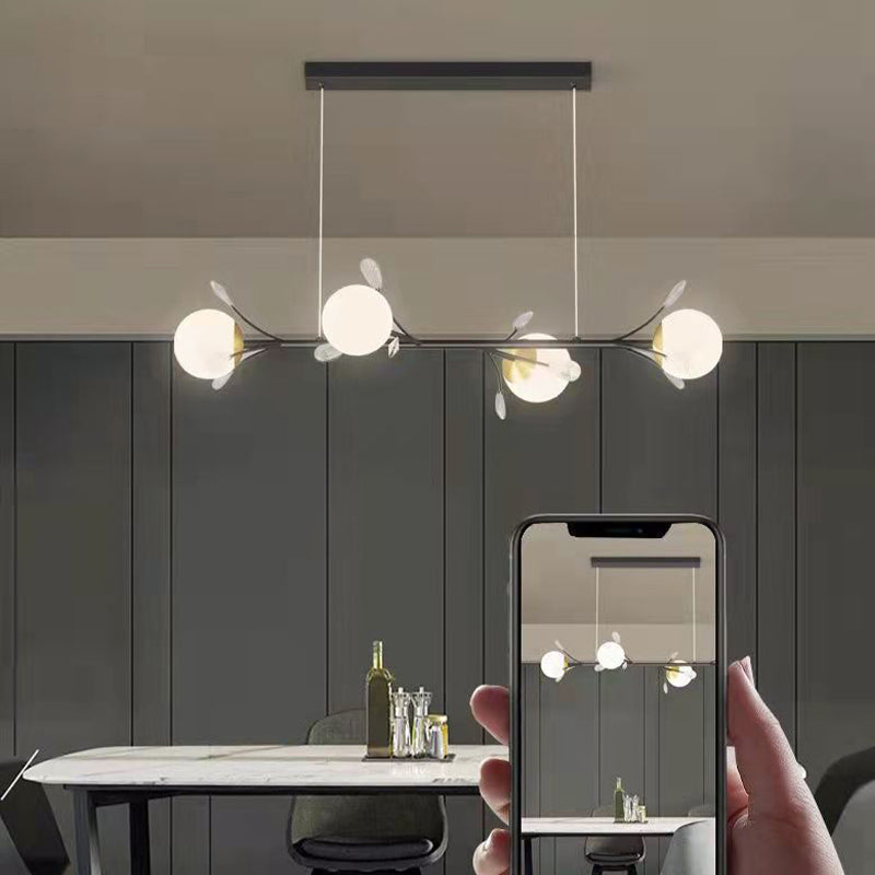 Modern Spherical Island Light Fixture White Glass 4 Heads Dining Room Pendant Light