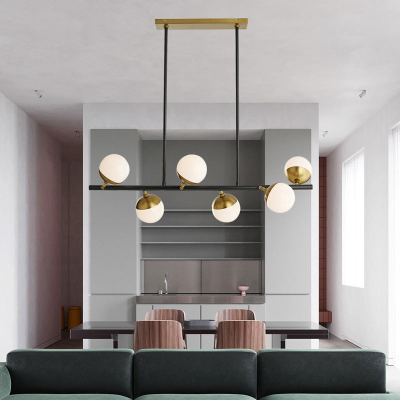Modern 6 Lights Island Lighting Black Brass Globe Glass Pendant Light