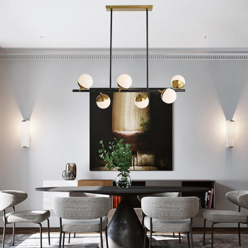 Modern 6 Lights Island Lighting Black Brass Globe Glass Pendant Light