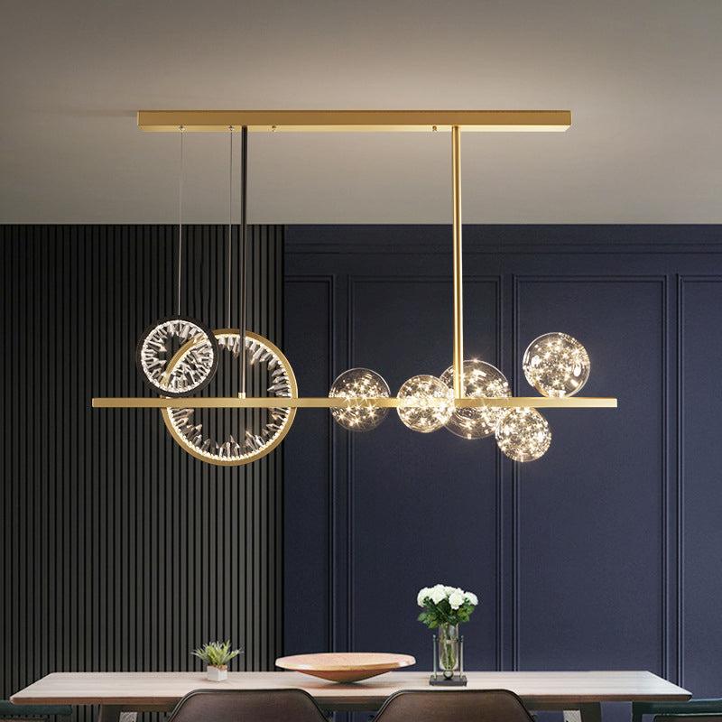 Glass Spherical Island Light Modern Gold LED Hanging Light with Crystal Accents