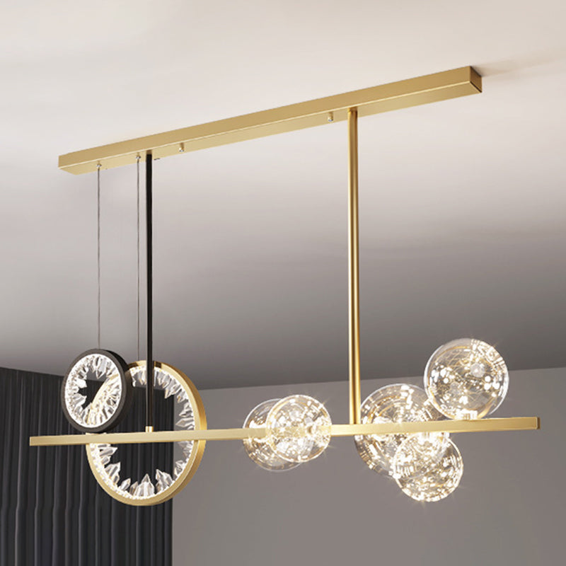 Glass Spherical Island Light Modern Gold LED Hanging Light with Crystal Accents