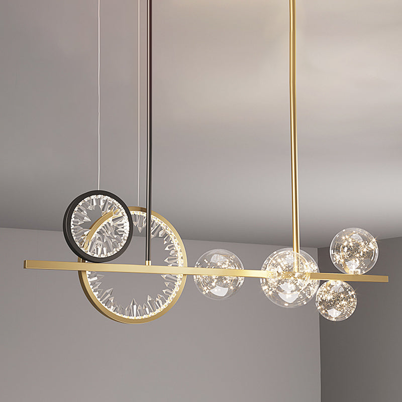 Glass Spherical Island Light Modern Gold LED Hanging Light with Crystal Accents