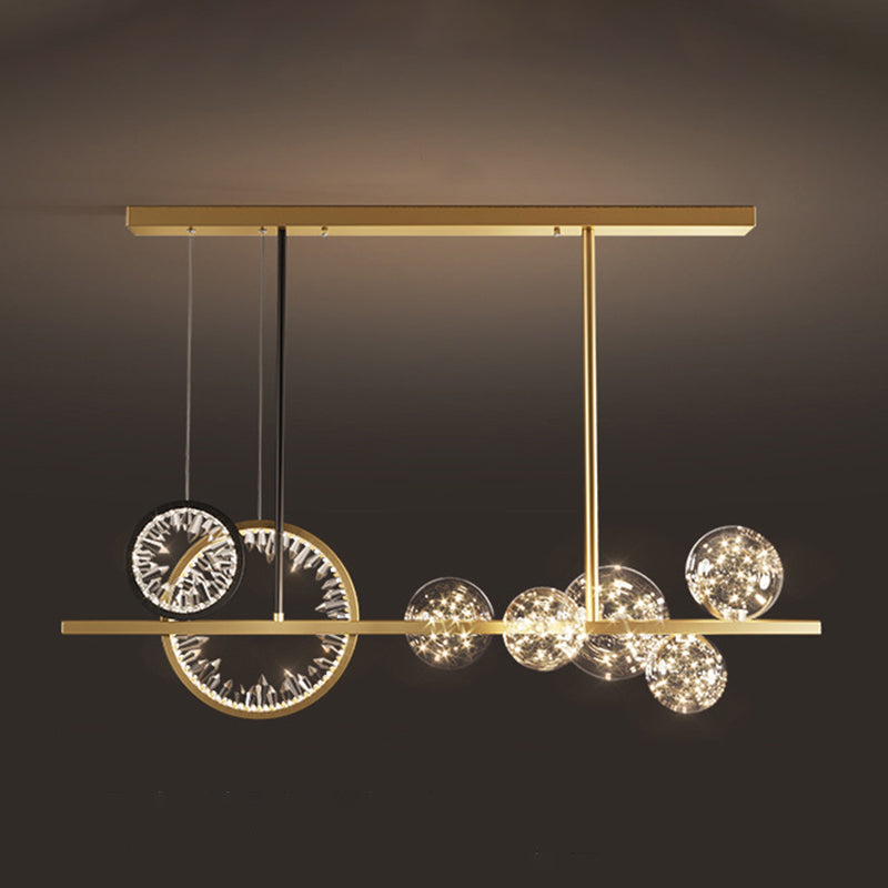 Glass Spherical Island Light Modern Gold LED Hanging Light with Crystal Accents