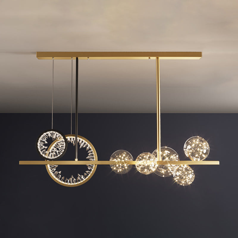 Glass Spherical Island Light Modern Gold LED Hanging Light with Crystal Accents